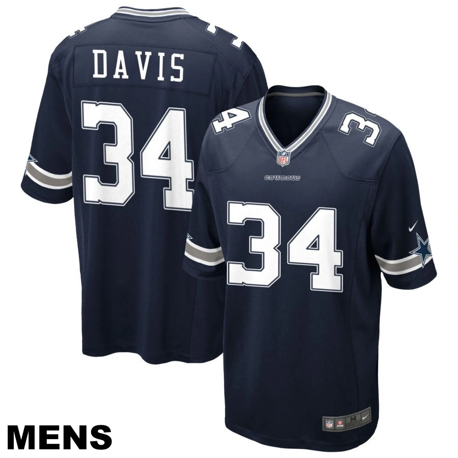 Men's Dallas Cowboys #34 Malik Davis Navy Game Jersey